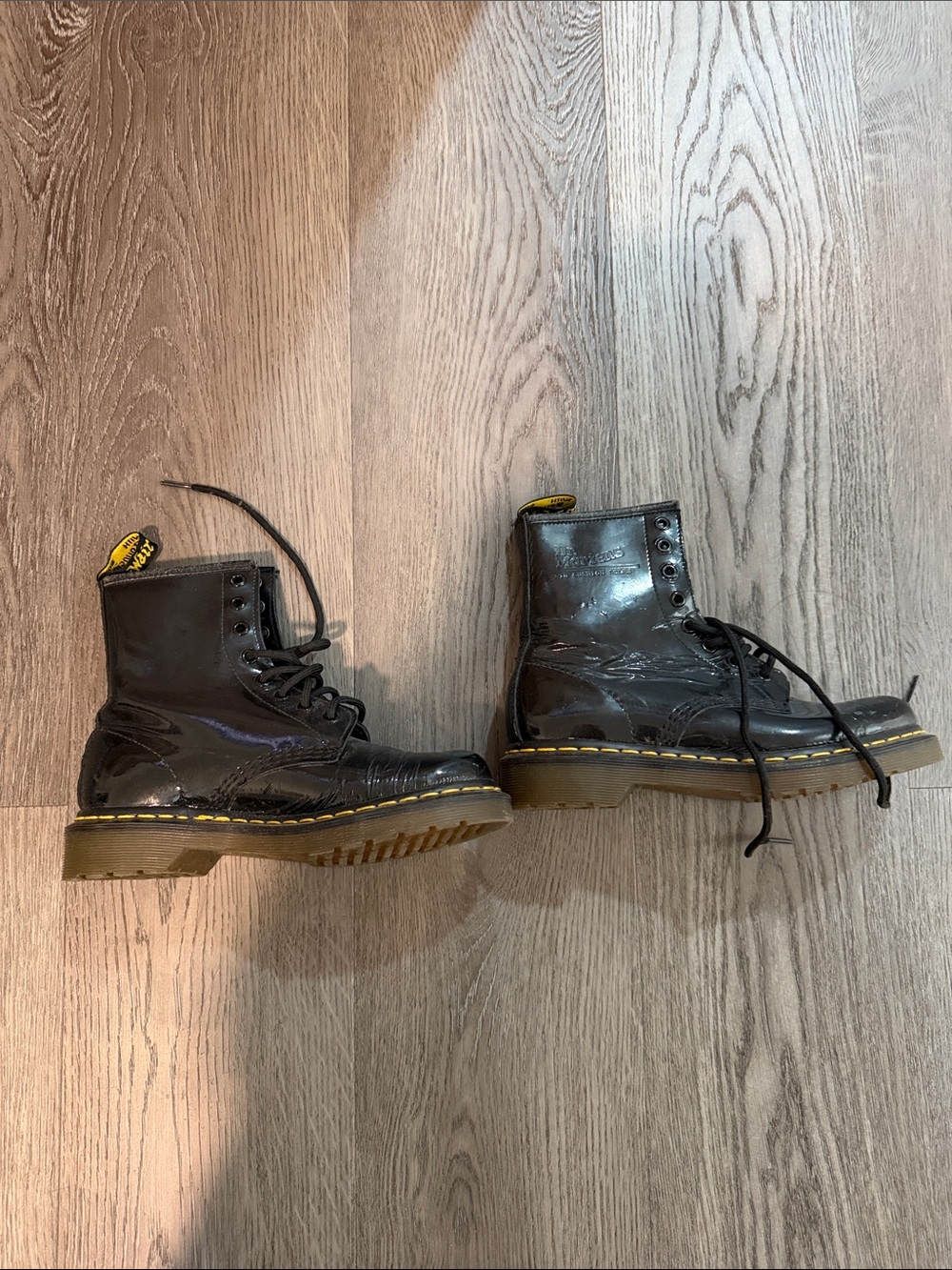 Dr. Martens Black Patent Leather Lace-Up Boots with Yellow Accents